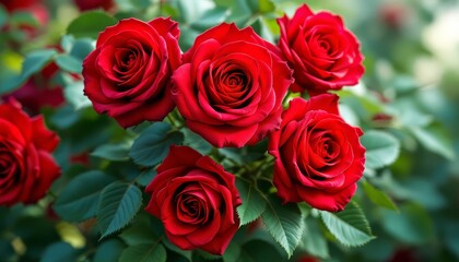 Obraz premium Blooming Red Roses with Green Leaves in Garden Setting