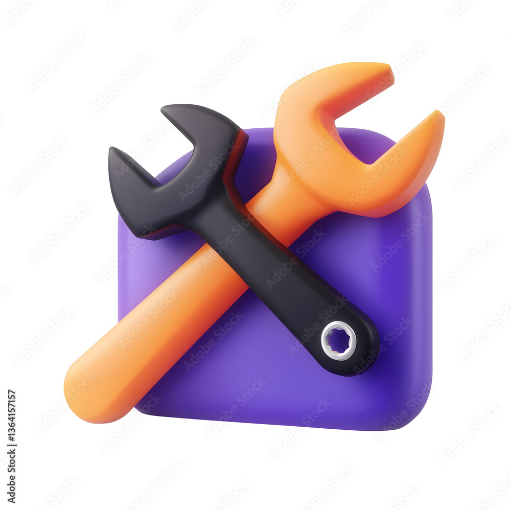 Poster A professional 3D render of a simple and structured toolkit icon displaying a perfectly balanced crossed pencil and wrench on a white transparent background