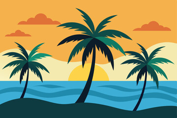 Tropical Sunset: A vibrant illustration of palm trees swaying in the breeze, with a golden sun setting over the ocean. Capturing the essence of a tropical paradise.