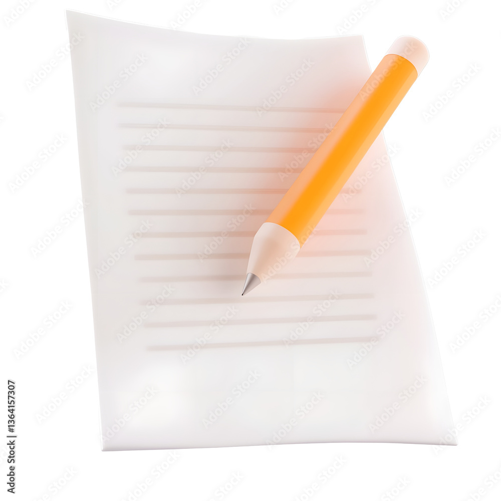 Fototapete a simple organized writing document with horizontal text lines and a well positioned orange pencil o