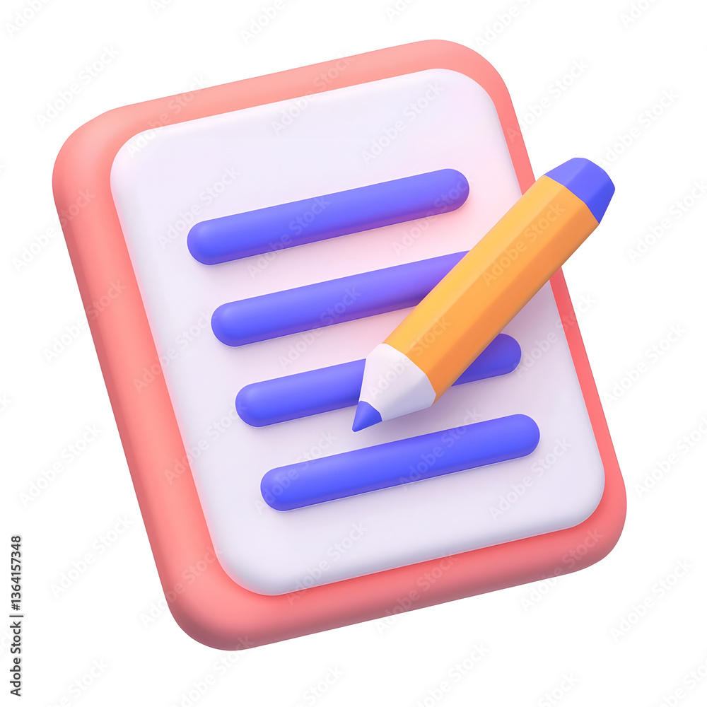 Poster A simple polished 3D rendered icon depicting a smooth structured paper document with horizontal text lines and a diagonally positioned pencil conveying the concept of writing education