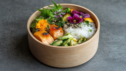 vibrant bento box filled with fresh vegetables, rice, and edible flowers, showcasing colorful