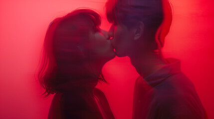 Fototapeta premium Couple kissing in red blurred motion effect.