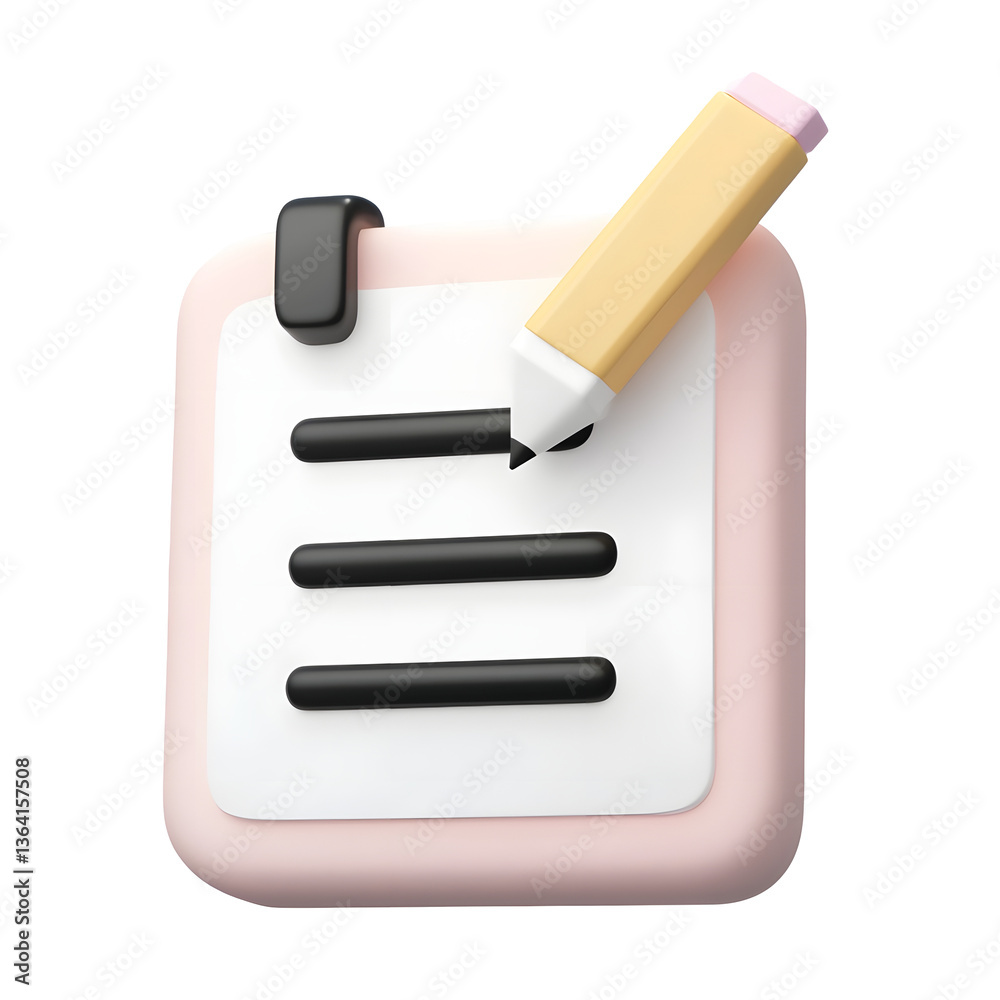 Poster Professional 3D rendered digital contract icon featuring a neatly arranged document with a structured writing format and a sleek pencil placed diagonally
