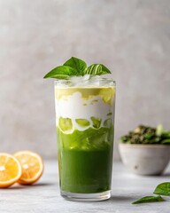 A refreshing layered green drink with ice, topped with creamy foam and garnished with fresh basil leaves, accompanied by citrus fruits.