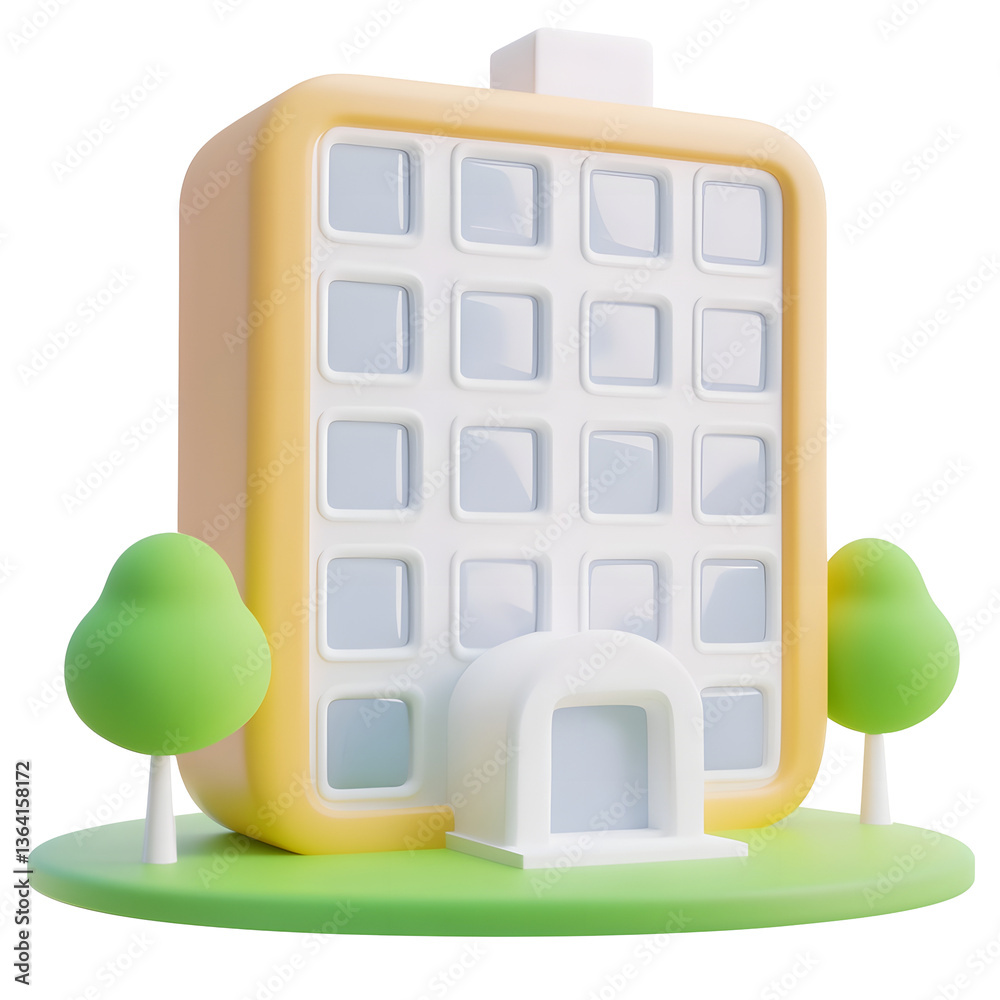 Aufkleber Crisp and detailed 3D render of a modern hotel icon showcasing a well balanced minimalistic building with polished edges and a sleek abstract UI concept on a transparent background