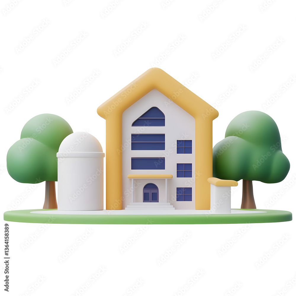 Aufkleber A simplified stylized 3D rendering of a refined and structured hotel building with a polished architectural design set against a backdrop of green trees and a clean white background