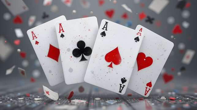 Four aces of diamonds clubs spades and hearts falling playing cards on transparent background