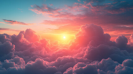 Fototapeta premium Abstract background of clouds in the sky with sun, creating a soft, pastel-colored sunset. The watercolor effect adds a peaceful, serene atmosphere, symbolizing tranquility and calmness