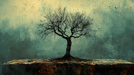 A solitary bare tree stands atop a rocky floating land mass