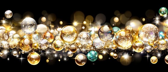 Sparkling Golden and Teal Bubbles on Black Background