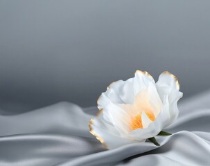 Fototapeta premium A delicate peony background with subtle orange accents rests on a smooth, silver fabric background, creating an elegant and serene composition.