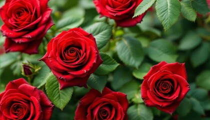 Blooming Red Roses with Green Leaves in Garden Setting