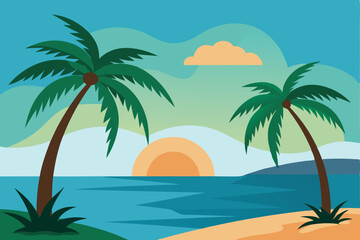 Tropical Sunset: Tropical illustration features a serene sunset over the ocean with palm trees, offering a vivid visual of a tropical paradise.