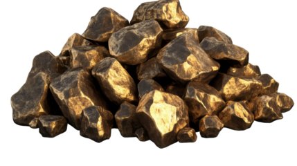 a pile of gold nugget rocks showcasing isolated on white background