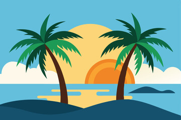 Fototapeta premium Tropical Paradise: A vibrant illustration capturing a serene tropical scene, featuring two palm trees silhouetted against a stunning sunset over the ocean, evoking a sense of peace and exotic beauty.