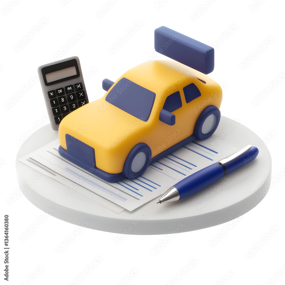 Poster a minimalist 3d of an insurance related concept featuring a toy car model a calculator and a pen pla