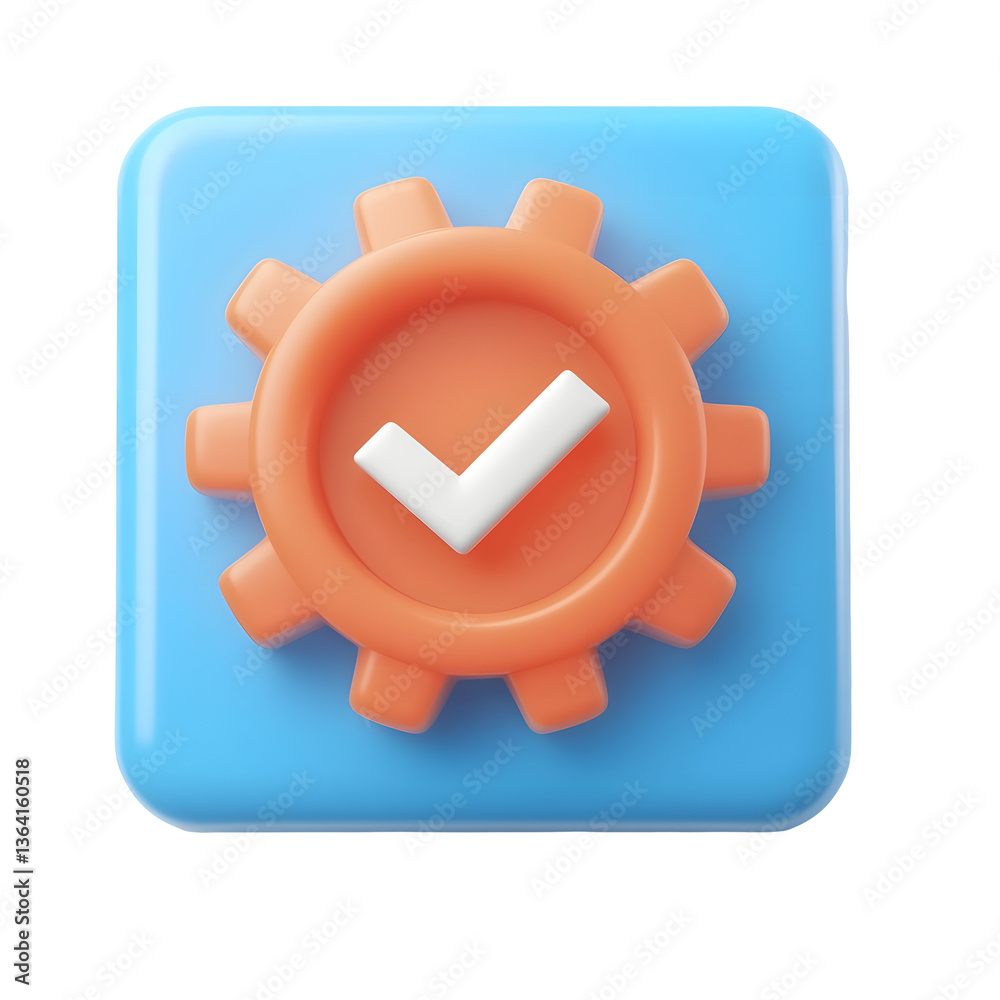 Poster Minimalistic and structured 3D render of a task automation workflow display featuring a gear icon and a completed checkmark to represent the process and approval stages