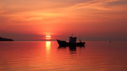Obraz premium Serene Sunset Silhouette of a Moored Boat on Tranquil Waters with Room for Text Overlay
