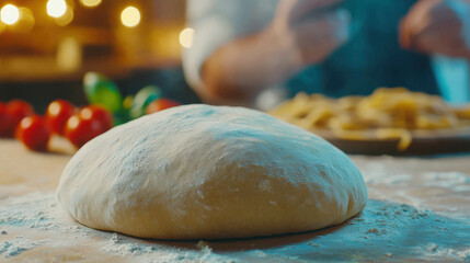 Freshly Prepared Dough on Flour-Dusted Surface for Homemade Italian Cooking