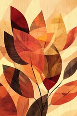 Stylized botanical illustrations blending geometric shapes & natural wood textures in warm earthy hues. Soft gradients & harmonious colors for a modern, clean aesthetic. Perfect for prints & decor