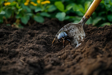 Ground beetle and garden trowel in the cultivated dark soil in the garden, close up shot with copy space and selective focus