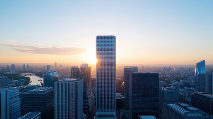 Obraz premium stunning city skyline at sunset, showcasing modern architecture and vibrant colors