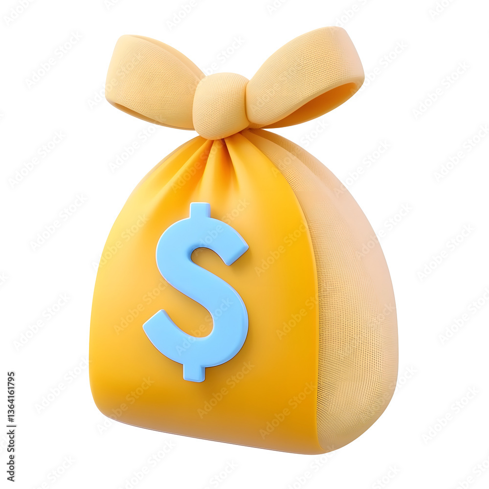 Poster a 3d rendered image depicting a neatly tied yellow sack or bag with a blue dollar symbol representin