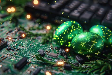 Obraz premium A vibrant arrangement of green eggs on a circuit board, surrounded by decorative lights, blending technology and festive themes.