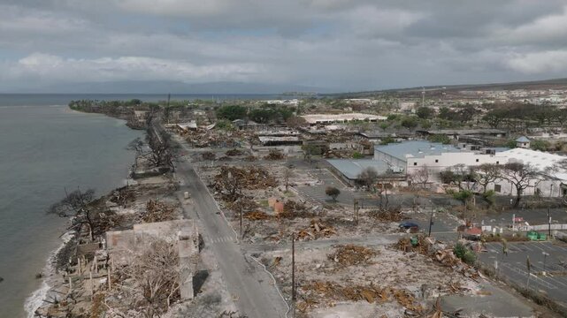 Lahaina Maui, Hawaii, Front St. Drone Shot after Lahaina Fires 