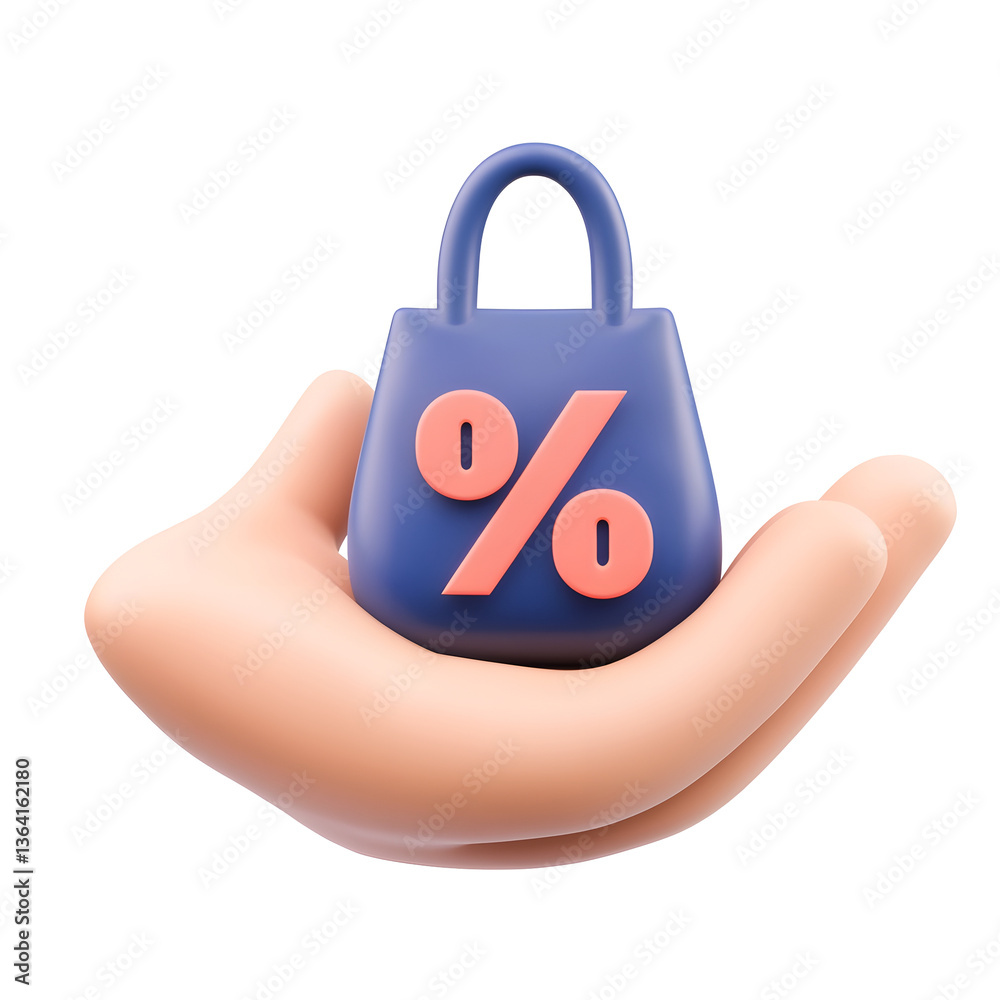 Poster close up image of a hand grasping a smooth minimalist bag featuring a bold percentage symbol represe
