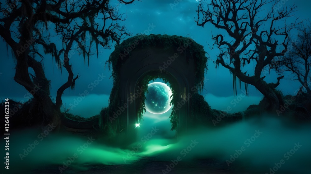 Canvas Prints a mystical portal glows vibrantly within a dark and haunting forest, surrounded by gnarled trees and