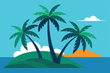 Obraz premium Tropical Paradise: A vibrant and inviting illustration showcasing a tropical island scene with palm trees, the sun setting over the horizon, evoking feelings of relaxation and escape.