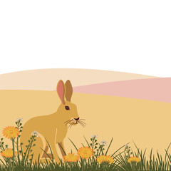 vector drawing flowers and brown hare, hand drawn illustration