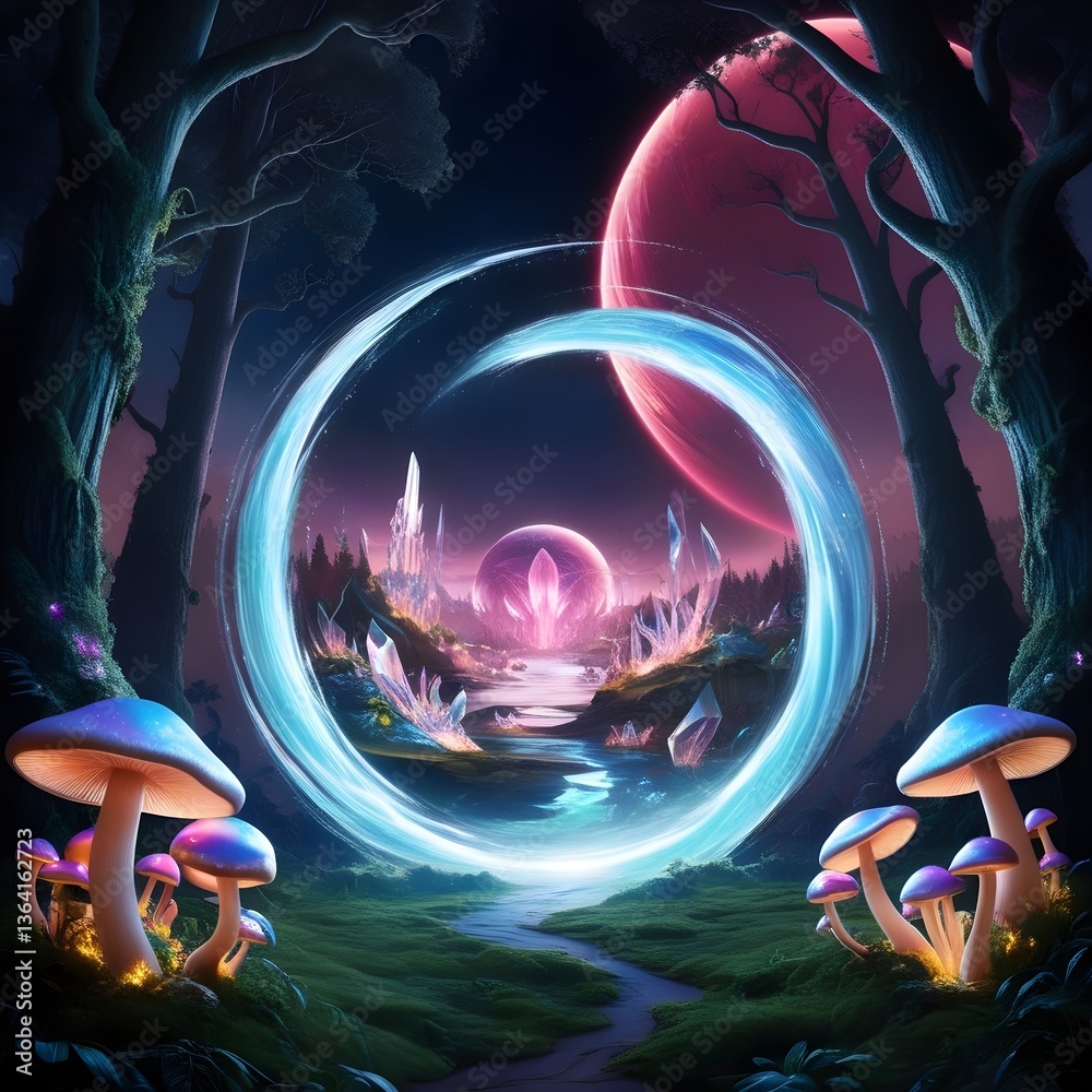Wall mural a mystical landscape features glowing mushrooms in the foreground and a swirling blue portal that re
