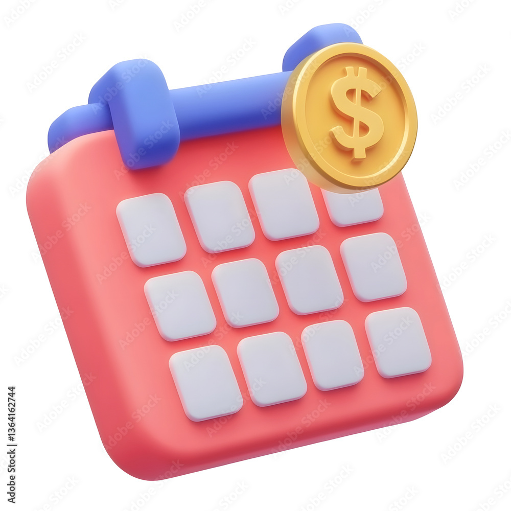 Fototapete A sleek and modern 3D render of a minimalist financial calendar icon featuring a structured calendar design with a floating coin at the bottom right corner