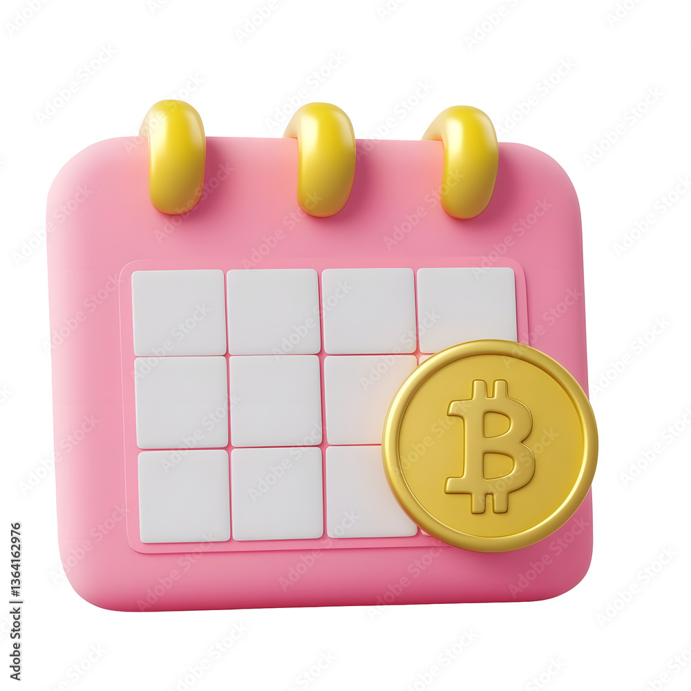 Leinwandbilder A clean modern 3D rendering of a pink calendar icon showcasing a grid layout and a gold Bitcoin coin in the bottom right corner representing financial planning budgeting