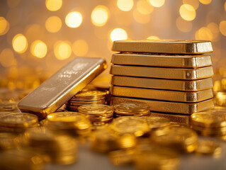 Composed of gold bars and gold coins.