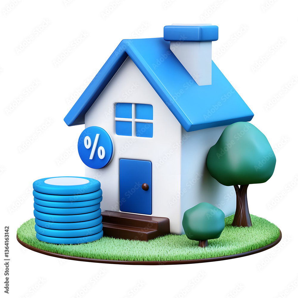 Poster crisp 3d render of a minimalist house icon with a percentage symbol symbolizing mortgage interest ra