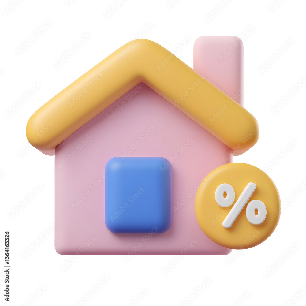 Fototapete Minimalist 3D icon featuring a stylized house shape with a highlighted percentage symbol representing financial calculations loan applications and property pricing in a clean modern design