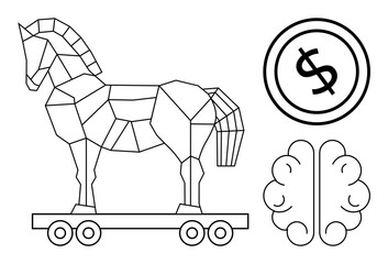 Geometric Trojan horse on wheels, brain symbol, and dollar coin. Ideal for strategy, finance, creativity, intellect, deception planning and innovation. Flat simple metaphor