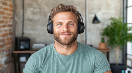 Fototapeta premium Smiling man wearing headphones in modern workspace, enjoying music or podcast