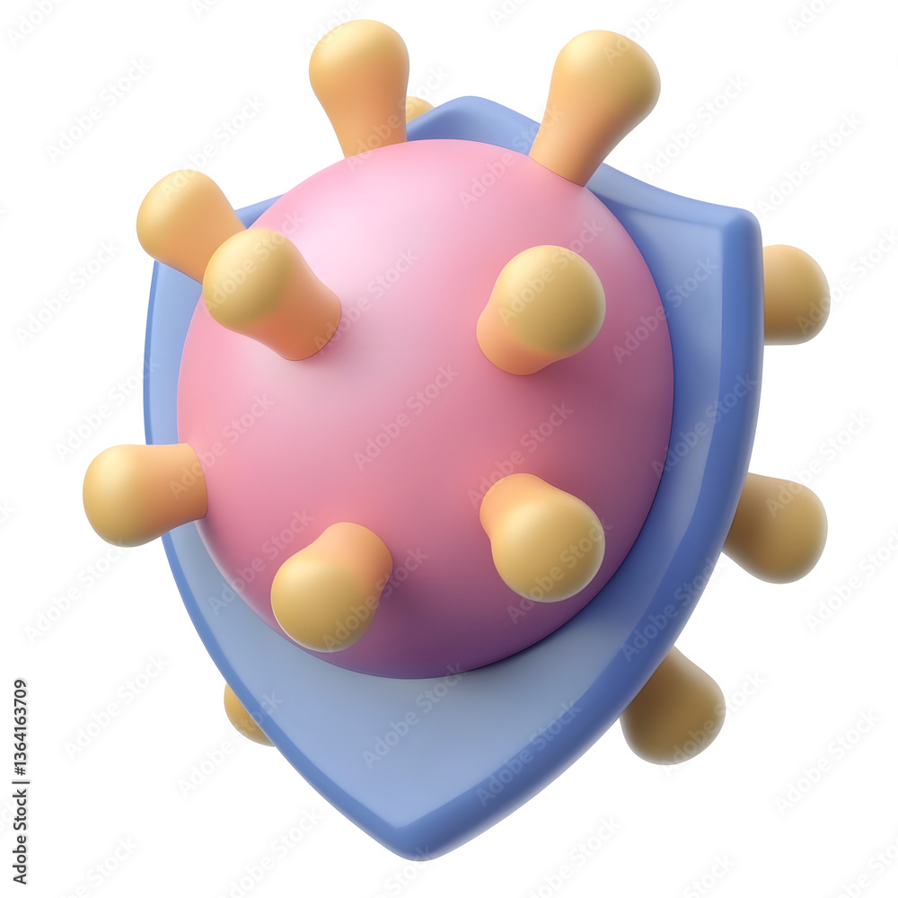 Fototapete 3D rendered icon depicting a virus structure with a shield overlay representing defense against infections and disease prevention