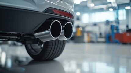 Polished Exhaust Tips of Sporty Cars in Automotive Workshop with Industrial Background
