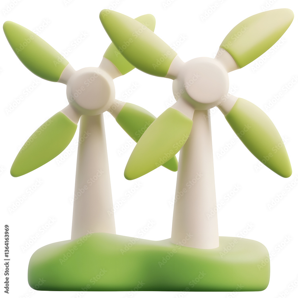Poster minimalist 3d rendering of white and green wind turbine towers with clean modern design for renewabl