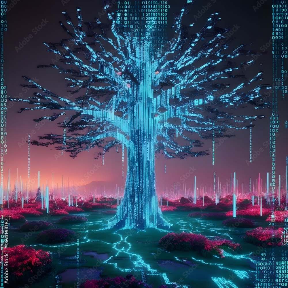 Wall mural a glowing digital tree stands majestically against a vibrant, futuristic landscape, with blue circui