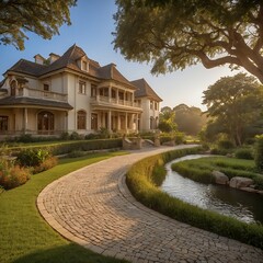 Elegant mansion with stone path by a stream at sunset, lush landscaping
