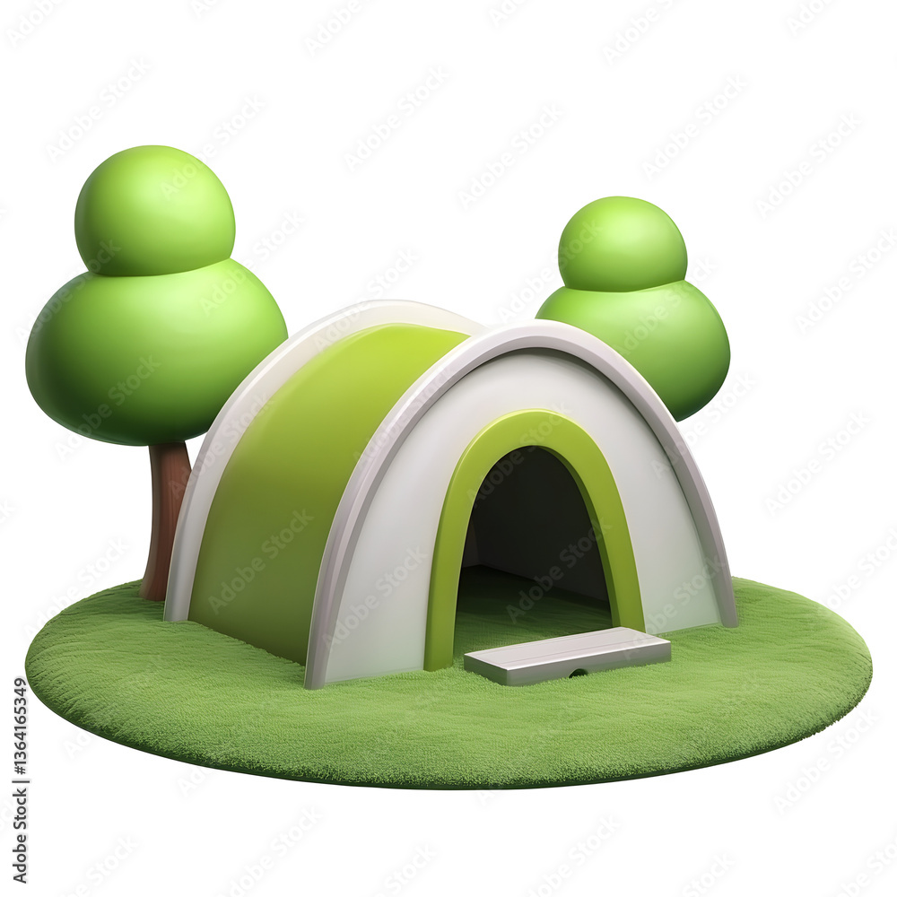 Poster A stylized 3D camping tent icon in a vibrant green color with a minimalist geometric design meant for use in web or digital user interface applications