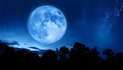Fototapeta premium A stunning night sky featuring a large, bright moon surrounded by stars, casting a serene glow over silhouetted trees.