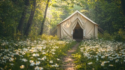 A tent in a flower-filled forest path, surrounded by greenery and natural light.
